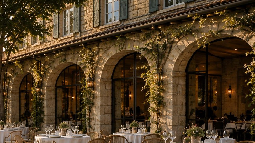 Arcades de pierre d'un domaine et tables dressées au bord d'un bassin, en fin de journée