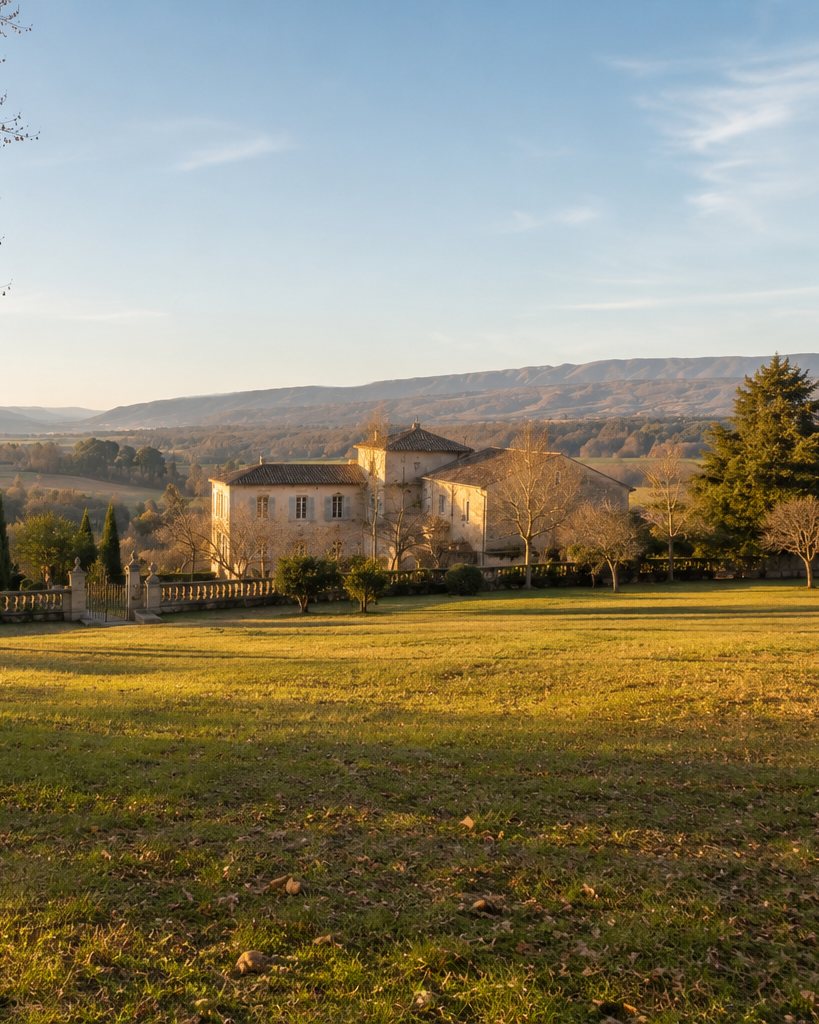 Grande bastide provençale fermée hors saison, volets clos, cour de gravier déserte sous un ciel gris