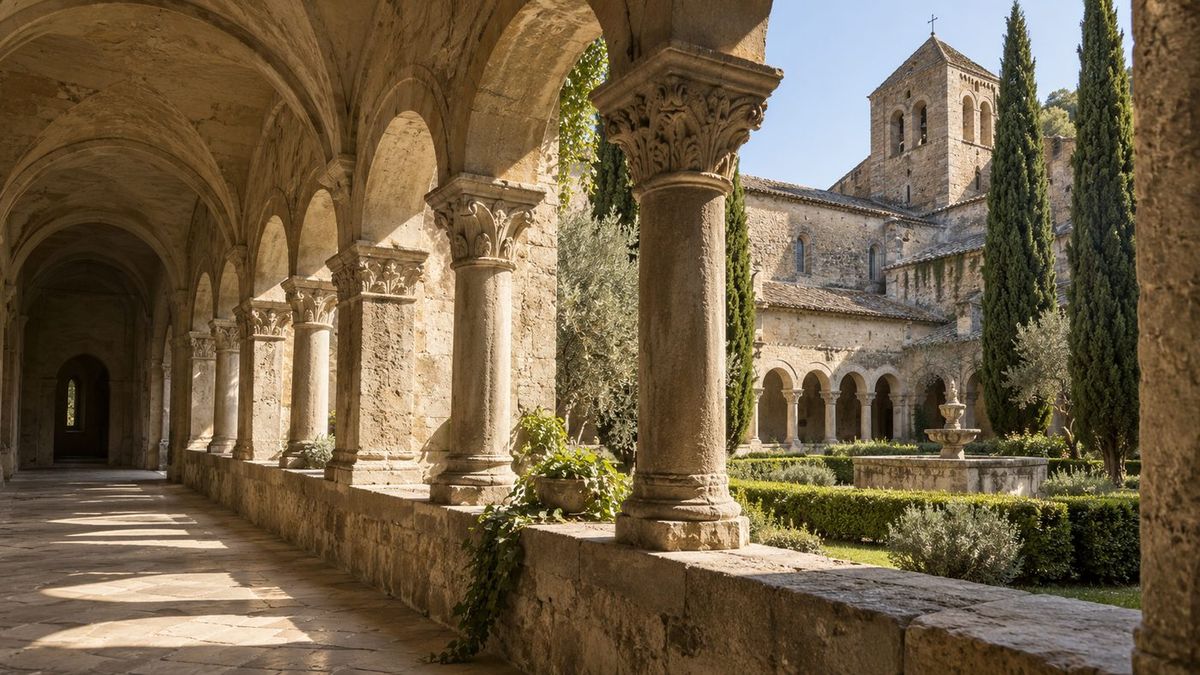 Galerie de cloître romane en pierre claire, colonnes à chapiteaux sculptés et voûtes, ouvrant sur un jardin taillé avec fontaine et clocher
