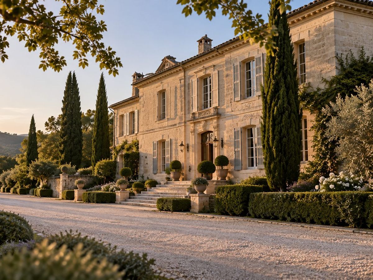 Façade d'un château provençal en pierre blonde vue de trois quarts : hautes fenêtres à volets, perron de pierre, cyprès et buis taillés, allée de gravier, lumière rasante de fin de journée