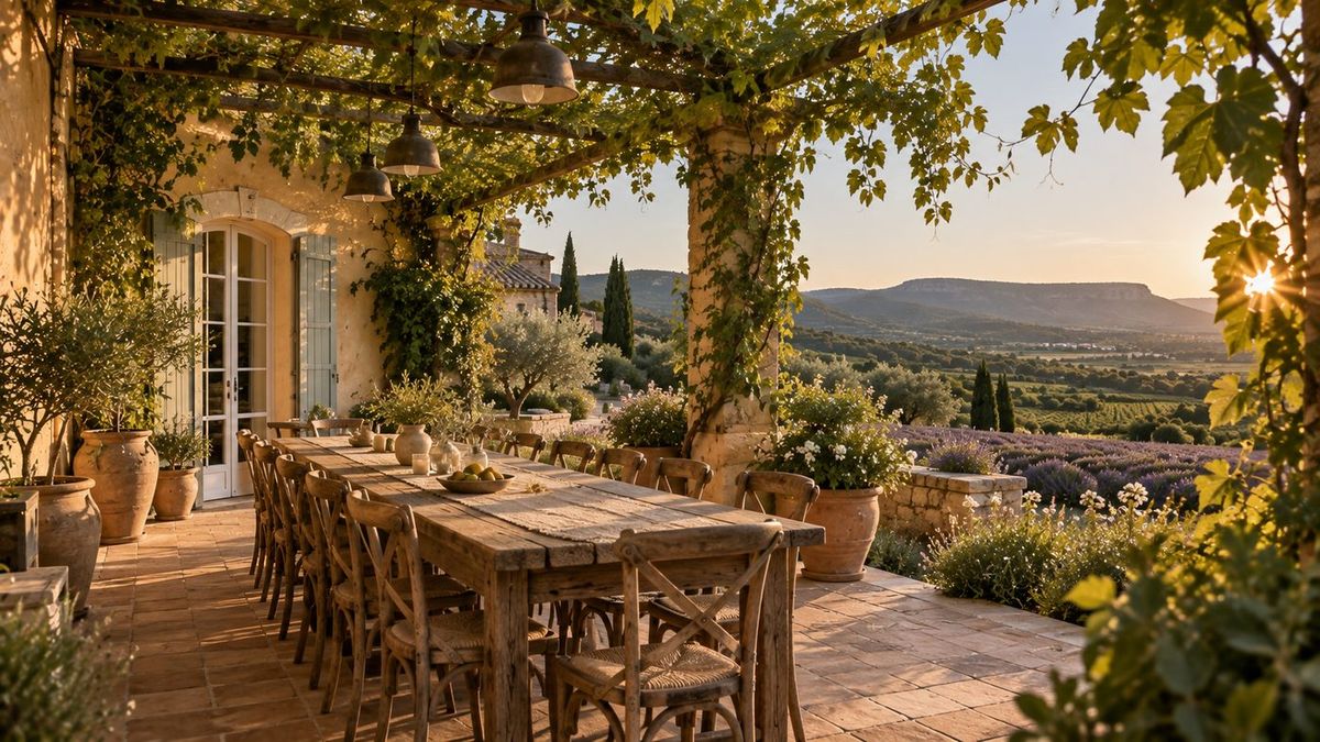 Terrasse d'un domaine sous une tonnelle de vigne : longue table de bois, suspensions anciennes, oliviers en pot, champ de lavande et collines au soleil couchant