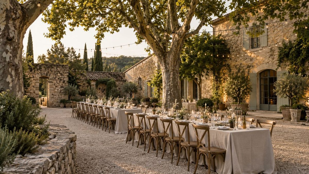 Cour de mas en pierre dressée pour un dîner de réception : longues tables nappées, chaises en bois, bougies et guirlandes d'ampoules sous de vieux platanes, en fin de journée