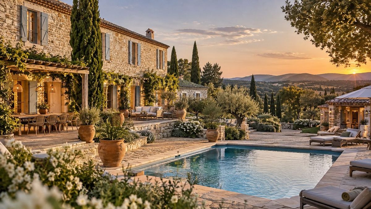Bastide de pierre provençale au soleil couchant, terrasse sous pergola, piscine et oliviers en pot, collines en arrière-plan