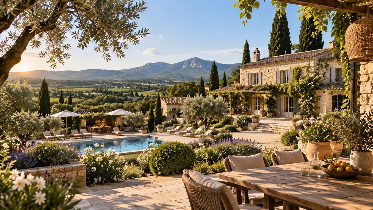 Terrasse de pierre d'une propriété provençale en fin de journée : table dressée à l'ombre d'une treille, piscine, oliviers et vallée cultivée au loin