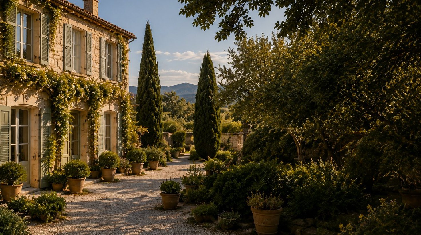 Cour de gravier d'une bastide provençale, façade en pierre, volets vert d'eau et oliviers en pot