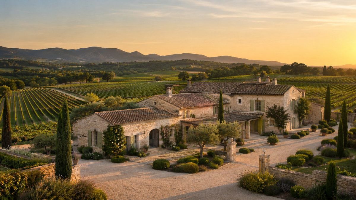 Rangs de vignes menant aux bâtiments en pierre d'un domaine viticole provençal