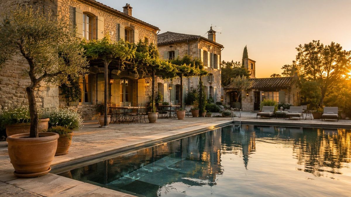 Gîte provençal en pierre avec piscine et terrasse ombragée sous les oliviers