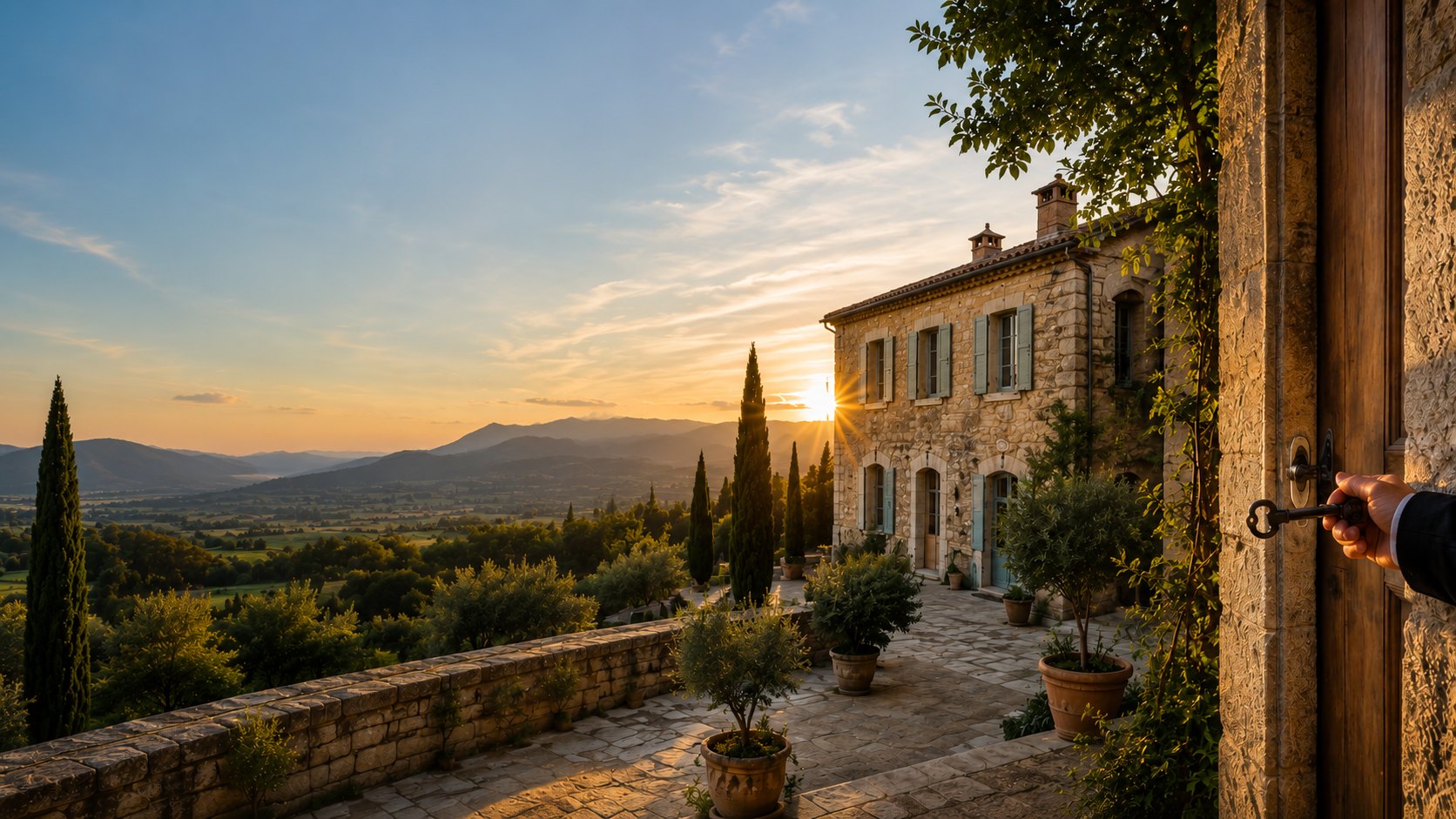 Vue depuis une porte ancienne entrouverte : terrasse de pierre, oliviers en pot, bastide provençale aux volets bleus et vallée au soleil couchant ; une main tourne la clé dans la serrure