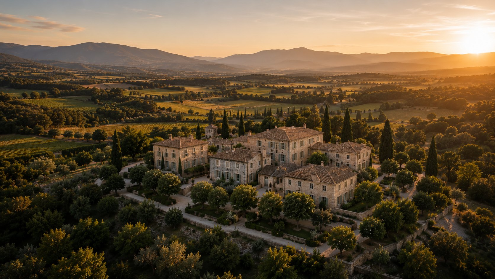 Vue aérienne d'un domaine provençal en pierre au coucher du soleil, entouré de vignes, d'oliviers et de cyprès, la vallée s'ouvrant vers les collines