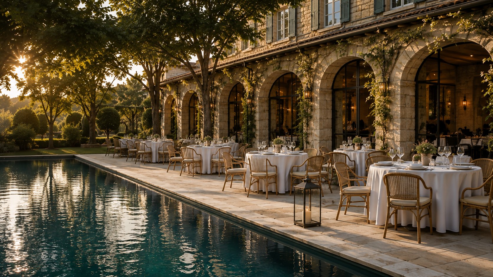 Tables rondes dressées au bord d'un bassin, le long des arcades de pierre d'un domaine, à la lumière de fin de journée