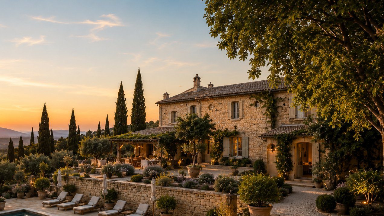 Mas provençal en pierre au coucher du soleil, terrasses en restanques, oliviers et cyprès