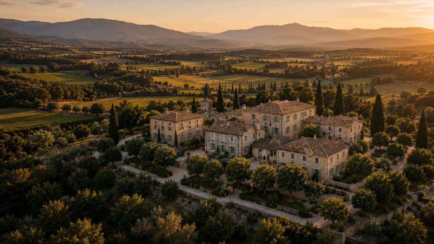 Domaine provençal en pierre au petit matin, entouré de vignes et d'oliviers, la vallée s'ouvrant vers les collines