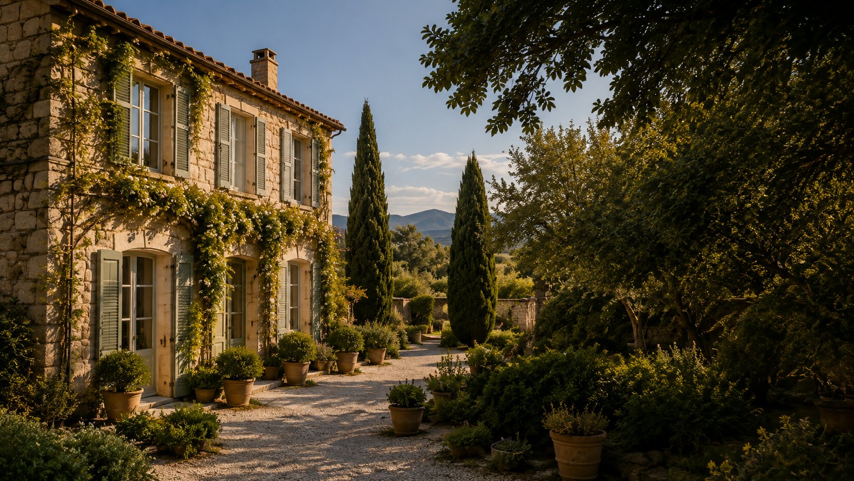 Bastide provençale en pierre, volets vert d'eau et glycine en façade, cour de gravier bordée d'oliviers en pot et de cyprès