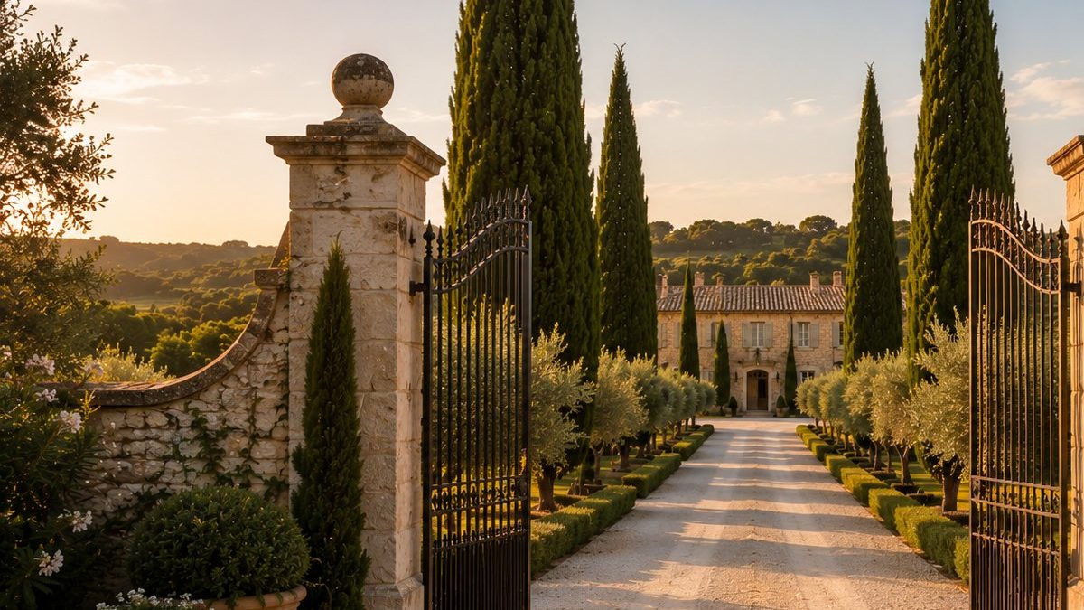Portail de fer forgé ouvert sur l'allée d'un domaine bordée de cyprès, la bastide au bout de l'allée