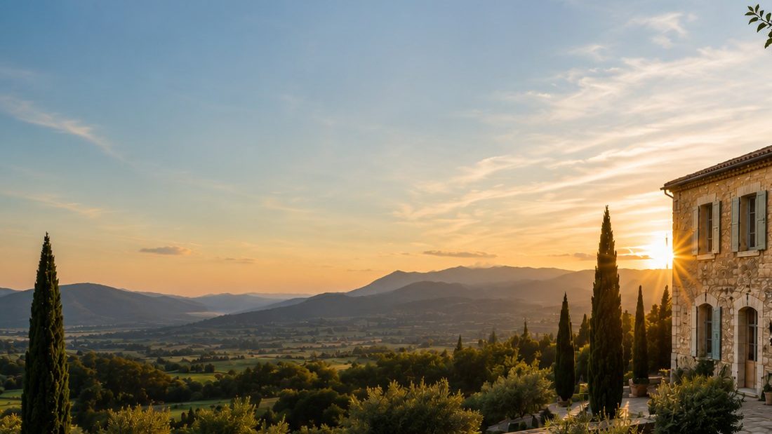 Terrasse de pierre d'une bastide provençale ouverte sur la vallée au soleil couchant