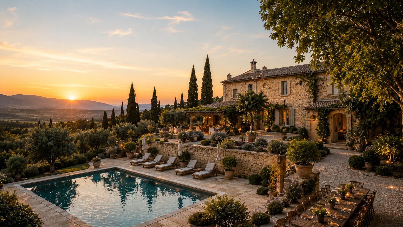 Mas provençal au coucher du soleil : piscine, terrasses en restanques, oliviers, cyprès et grande table dressée face à la vallée